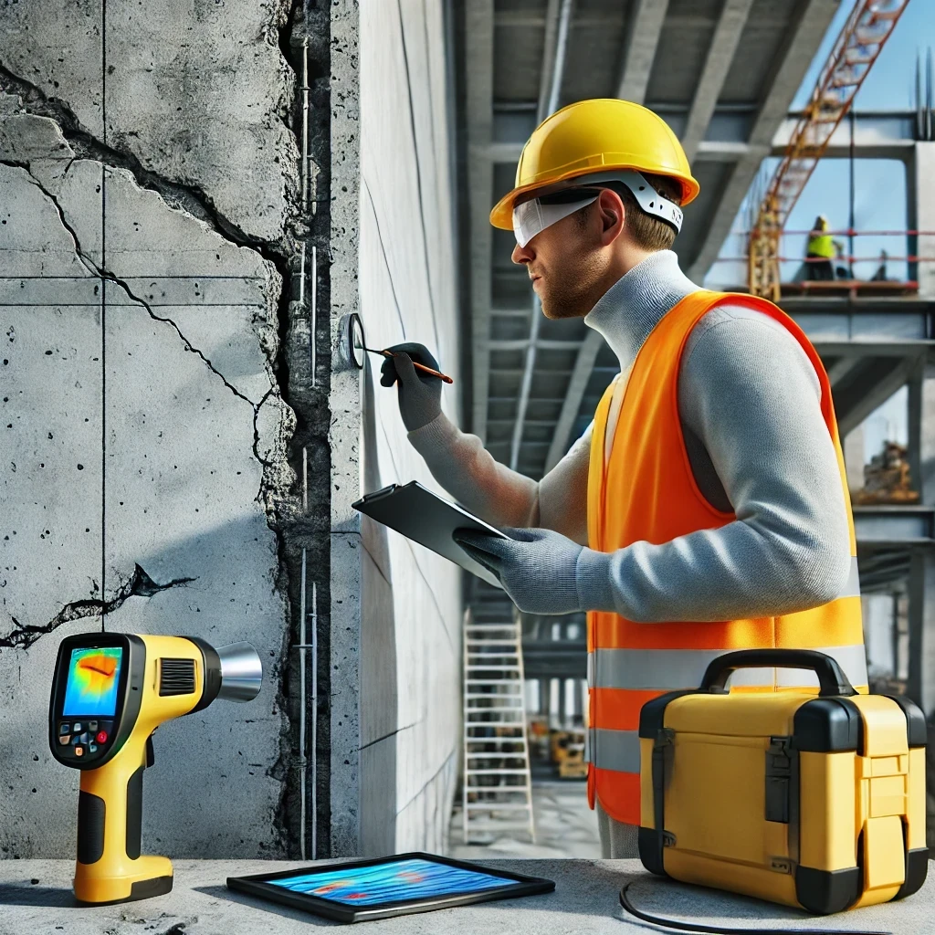 Un expert en bâtiment inspectant attentivement un mur fissuré sur un chantier de construction. Il porte un casque de sécurité jaune et un gilet réfléchissant, et utilise une tablette ou une loupe pour l'inspection. Une caméra thermique est également visible à proximité, soulignant l'attention portée aux détails. L'arrière-plan montre un chantier actif avec des échafaudages, des structures en béton, et des tuyaux apparents, ajoutant un cadre industriel réaliste.